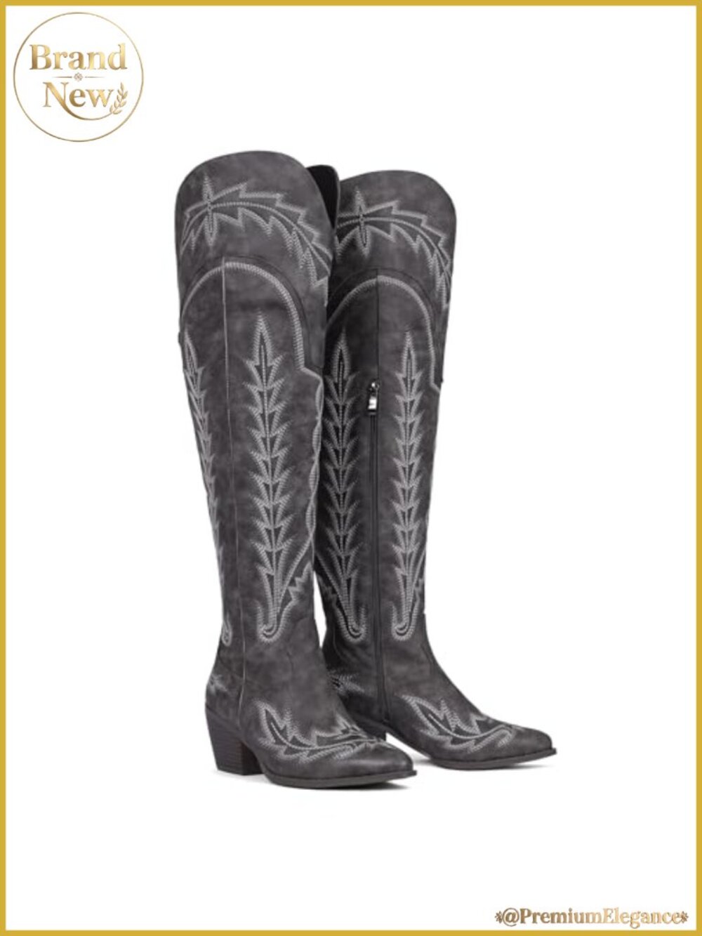 Embroidered Western Over Knee Boots Wide Calf Chunky Heel